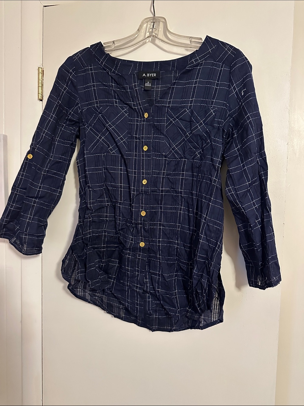 A. Byer Navy Blue Plaid Button-Front Blouse